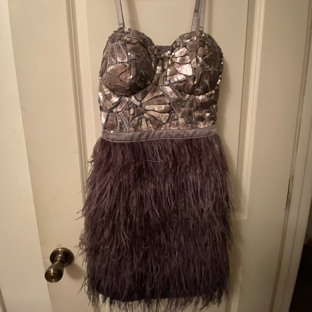 BEBE feather and sequin dress